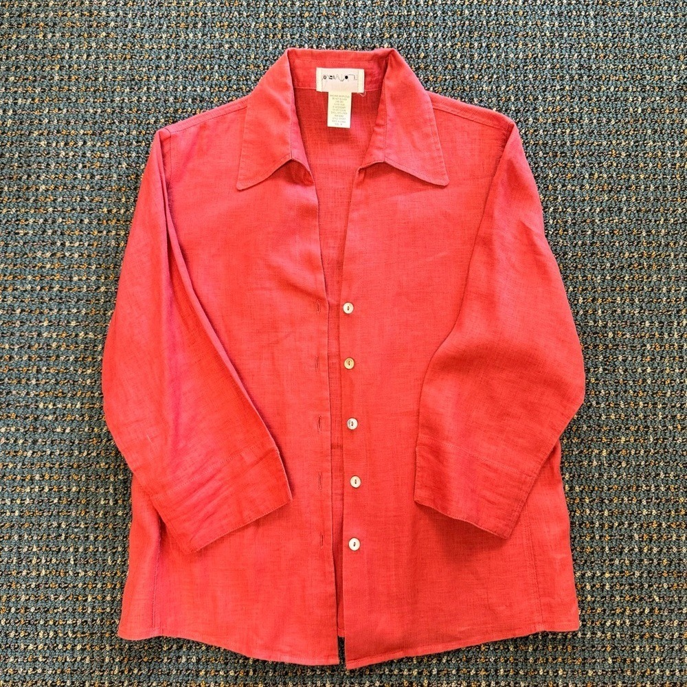 David N Womens 100% Linen Button‎ Front 3/4 Sleeve Shirt Coral Red Size Medium